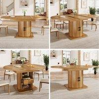 BTM Extendable Dining Table Round to Oval Storage Drawers Table in Brown