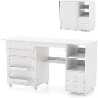 Costway Folding Sewing Table w/Charging Station Sewing Machine Cart Table-White in White