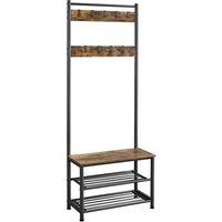 Kelvenix Coat Stand Shoe Rack with Shelves & Movable Hooks in Brown