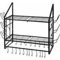 Toque Pot Rack Kitchen Storage Organiser Shelf Pan Rack 20 Hooks Lid Holders in Black