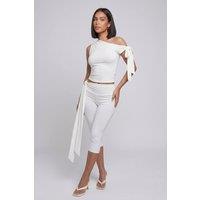 STYLEWISE Women's Tie Drop Shoulder Top & 3/4 Legging Co-ord - Slinky - Two Piece Set in White | Size: 8