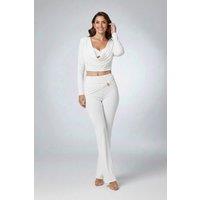 STYLEWISE Women's Cowl Neck Knot Detail Long Sleeve Crop Top & Flared Trouser Co-ord in Cream | Size: 8