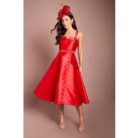 Coast Women's Lisa Tan Twill Volume Belted Midi Dress in Red | Size: 8