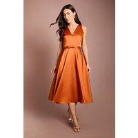 Coast Women's Bow Trim V Neck Volume Skirt Midi Dress in Rust | Size: 10