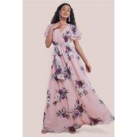 Goddiva Women's Printed Flutter Sleeve Maxi Dress in Peach | Size: 12