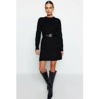WOVCOR Women's Mini Crew Neck Ribbed Knit Dress in Black | Size: Large