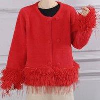 PEACH ACCESSORIES Women's Feather-Trim Cropped Double Row Buttons Cardigan in Red