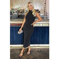 AX Paris Women's Black Sparkle Halter Neck Ruched Bodycon Midi Dress | Size: 14
