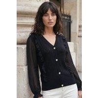 Roman Women's Woven Sleeve Buttoned Knit Jumper in Black | Size: 18