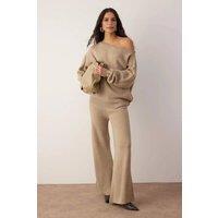 WOVCOR Women's Boat Neck Knit Sweater & Wide Leg Trousers Co-Ord Set in Taupe | Size: Large
