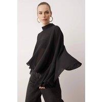 WOVCOR Women's Boho Ruffle Detail Unlined Woven Blouse in Black | Size: Small