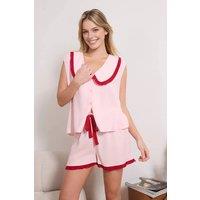 WOVCOR Women's Contrast Ruffle Collar Sleeveless Viscose Woven Pyjama Set in Pink | Size: 10
