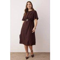 WOVCOR Women's Crew Neck Belt Detail Midi Dress with Short Sleeves in Brown | Size: 14