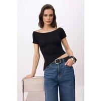 WOVCOR Women's Off Shoulder Short Sleeve Fitted Bodycon Top in Black | Size: XL