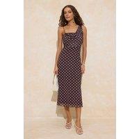 WOVCOR Women's Polka Dot Cowl Neck Strappy Fitted Midi Dress with Drape in Brown | Size: Small