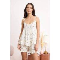 WOVCOR Women's Floral Print Frill Detail Cami Strap Viscose Pyjama Set in Ecru | Size: 6