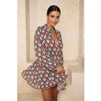 WOVCOR Women's Geometric Print Long Balloon Sleeve V-Neck Mini Dress | Size: 6