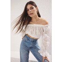 WOVCOR Women's Off Shoulder Broderie Anglaise Crop Blouse in White | Size: 6
