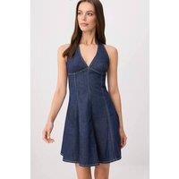 WOVCOR Women's Halter Neck Tie Detail Skater Mini Denim Dress in Dark Blue | Size: 12