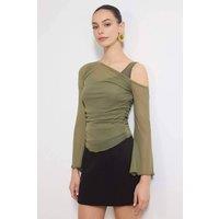 WOVCOR Women's Fitted Asymmetric Neck Long Sleeve Ruched Mesh Blouse in Khaki | Size: Small