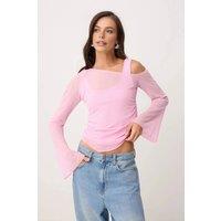 WOVCOR Women's Fitted Asymmetric Neck Long Sleeve Ruched Mesh Blouse in Baby Pink | Size: XL