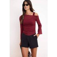 WOVCOR Women's Fitted Asymmetric Neck Long Sleeve Ruched Mesh Blouse in Burgundy | Size: Small