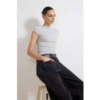 WOVCOR Women's Striped Fitted High Neck Short Sleeve Soft Knit Blouse in Grey | Size: XS