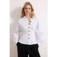 WOVCOR Women's Gold Hardware Detail Cotton Fitted Batwing Sleeve Shirt in White | Size: 6