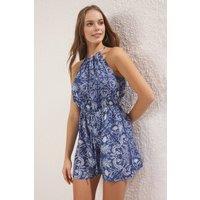 WOVCOR Women's Halter Neck Floral Print Woven Short Jumpsuit in Navy | Size: 12