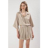 WOVCOR Women's Collared Batwing Sleeve Belted Mini Jumpsuit in Beige | Size: 6