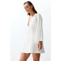 WOVCOR Women's V Neck Long Sleeve Accessory Detail Beach Mini Dress in White | Size: 8