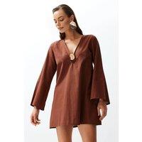 WOVCOR Women's V Neck Long Sleeve Accessory Detail Beach Mini Dress in Brown | Size: 6