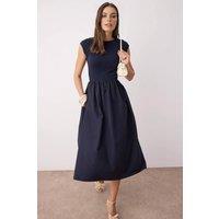 WOVCOR Women's Ribbed Bodice Wide Skirt Terrycotton Contrast Maxi Dress in Navy | Size: 14