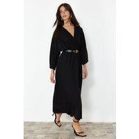 WOVCOR Women's Belted A-Line Wrap Collar Batwing Sleeve Midi Dress in Black | Size: 10