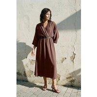 WOVCOR Women's Belted A-Line Wrap Collar Batwing Sleeve Midi Dress in Brown | Size: 10