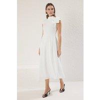 WOVCOR Women's High Neck Pleated Midi Dress with Bow Detail in White | Size: 10