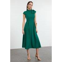 WOVCOR Women's High Neck Pleated Midi Dress with Bow Detail in Green | Size: 8