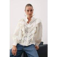 WOVCOR Women's High Neck Balloon Sleeve Boho Applique Shirt in Ecru | Size: 8