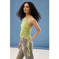 WOVCOR Women's Halter Neck Sleeveless Ruffle Detail Tulle Mesh Blouse in Green | Size: 8