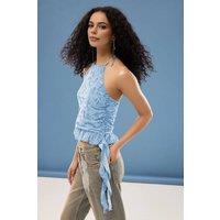 WOVCOR Women's Halter Neck Sleeveless Ruffle Detail Tulle Mesh Blouse in Blue | Size: 6