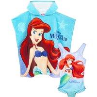 Disney Girl's Poncho Towel & 1 Piece Swimming Costume Set | Blue | Official | Size: 3-4 Years