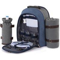 LIVIVO 4 Person Picnic Backpack Set with Blanket Cutlery Plates Wine Glasses & Insulated Bottle Holder in Blue