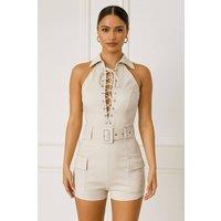 STYLEWISE Women's Lace-Up Front Cargo Playsuit with Matching Belt - Stretch - Playsuit in Beige | Size: 8