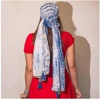 KDMD Women's Nomad Sari Summer Marbella Print Scarf Blue Gold 180x50cm | Size: 180x50 cm