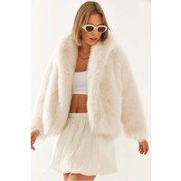 Bianco Lucci Women's Faux Fur Cropped Open Collar Coat in White | Size: Large