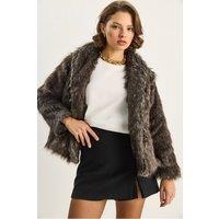 Bianco Lucci Women's Faux Fur Cropped Open Collar Coat in Dark Brown | Size: Large