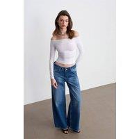 Dilvin Women's Low-Waist Wide-Leg Cotton Denim Jeans in Mid Blue | Size: Large
