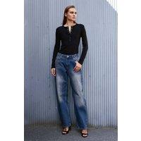 Dilvin Women's High-Waist Wide-Leg Cotton Denim Jeans in Mid Blue | Size: Medium