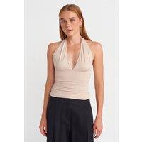 Dilvin Women's Slim-fit Halterneck Blouse in Beige | Size: Small