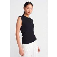 Dilvin Women's Sleeveless Ribbed Button-Front Blouse in Black | Size: Medium